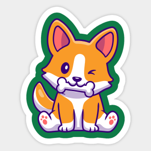 Cute Corgi Dog Eating Bone Cartoon Sticker